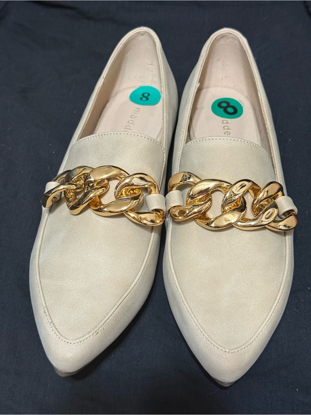 Madden Girl Cream Pointed Toe Loafers with Gold Chain
